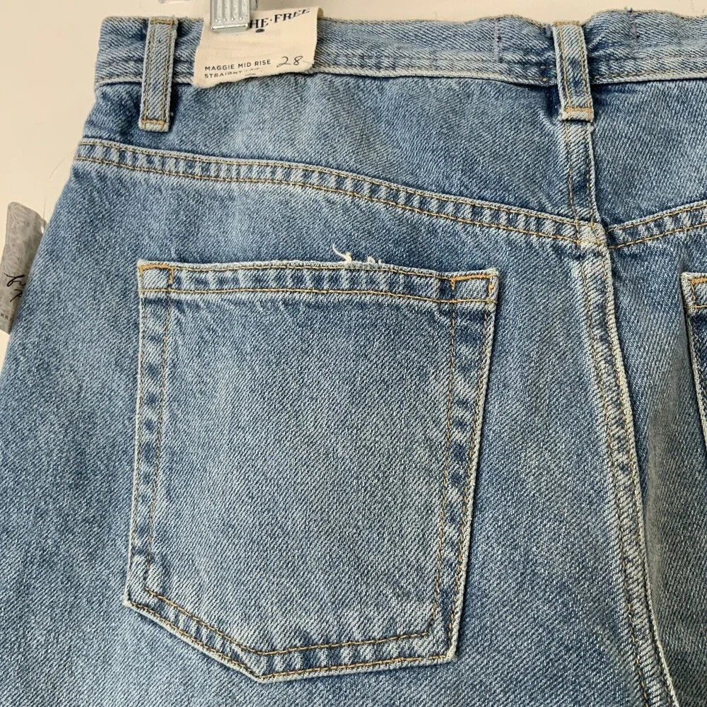 We The Free Maggie Mid Rise Straight Leg Distressed Jeans Blue 28